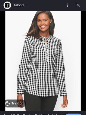Talbots Black & White Buffalo Plaid Band Collar Tunic New